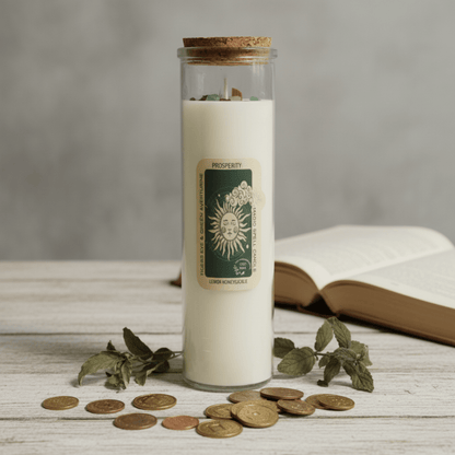 Bougie rituel Prospérité avec pierres aventurine et œil de tigre, pièces dorées et livre ouvert pour manifestation.