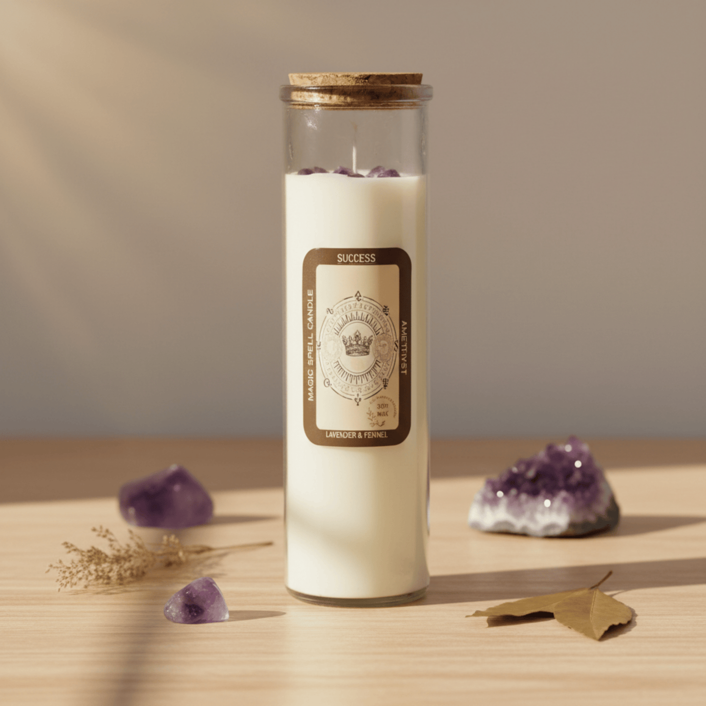 Bougie rituelle Succès à la lavande et améthyste, présentée avec cristaux et décor lumineux.