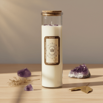 Bougie rituelle Succès à la lavande et améthyste, présentée avec cristaux et décor lumineux.