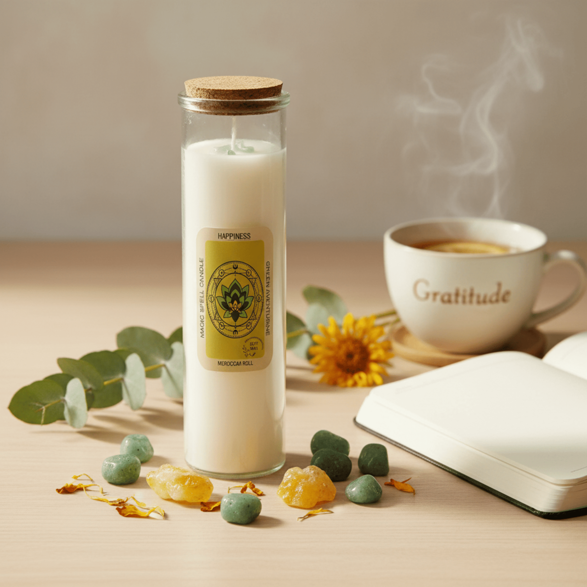 Bougie rituel Bonheur avec pierres vertes et jaunes, ambiance gratitude et café chaud, décor fleur de souci.