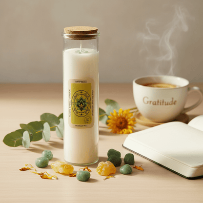 Bougie rituel Bonheur avec pierres vertes et jaunes, ambiance gratitude et café chaud, décor fleur de souci.