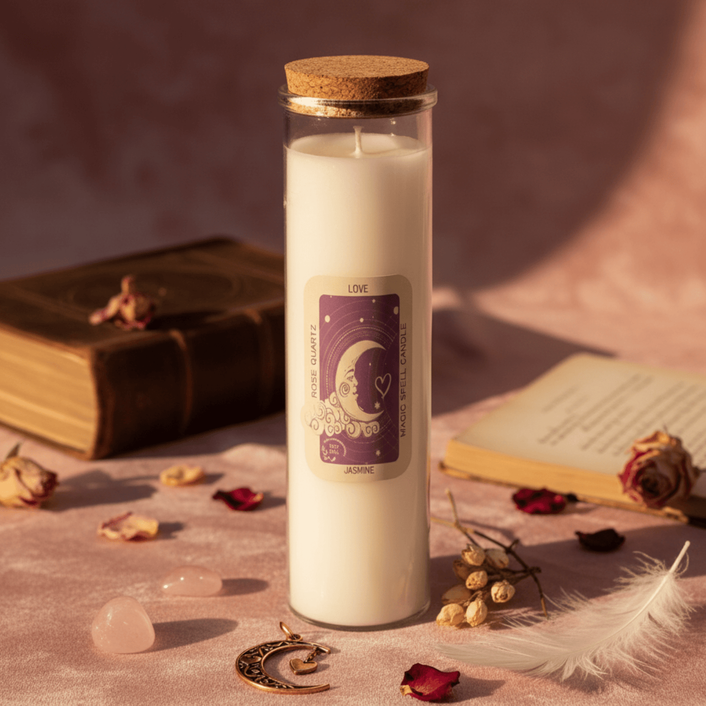 Bougie rituelle Amour avec quartz rose et étiquette violette, posée parmi pétales et accessoires mystiques.