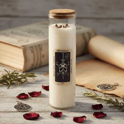 Bougie rituel Douce Vengeance avec grenat sanguin, étiquette crâne ésotérique, pétales rouges et symbole pentacle.