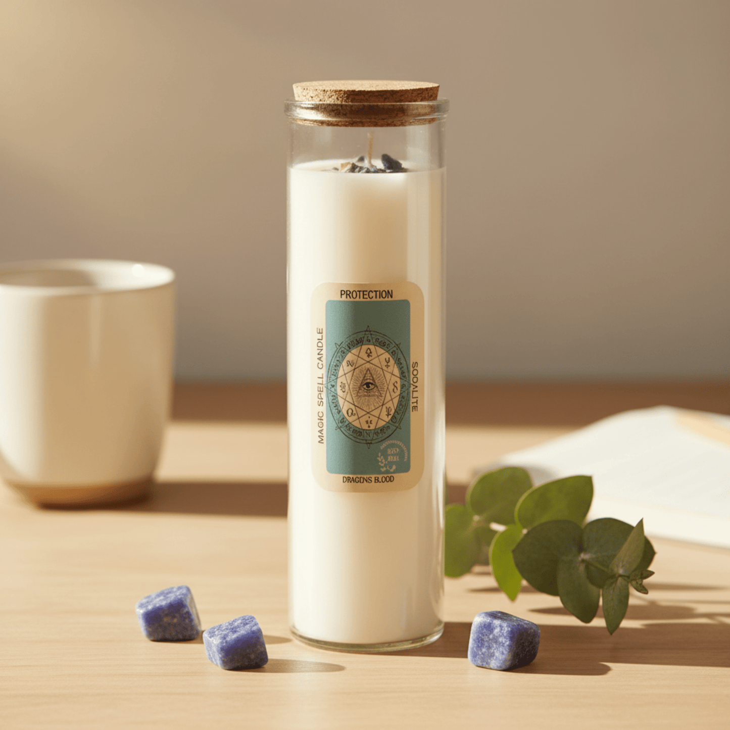 Bougie rituelle Protection en cire de soja avec pierres sodalite et étiquette symbolique verte.