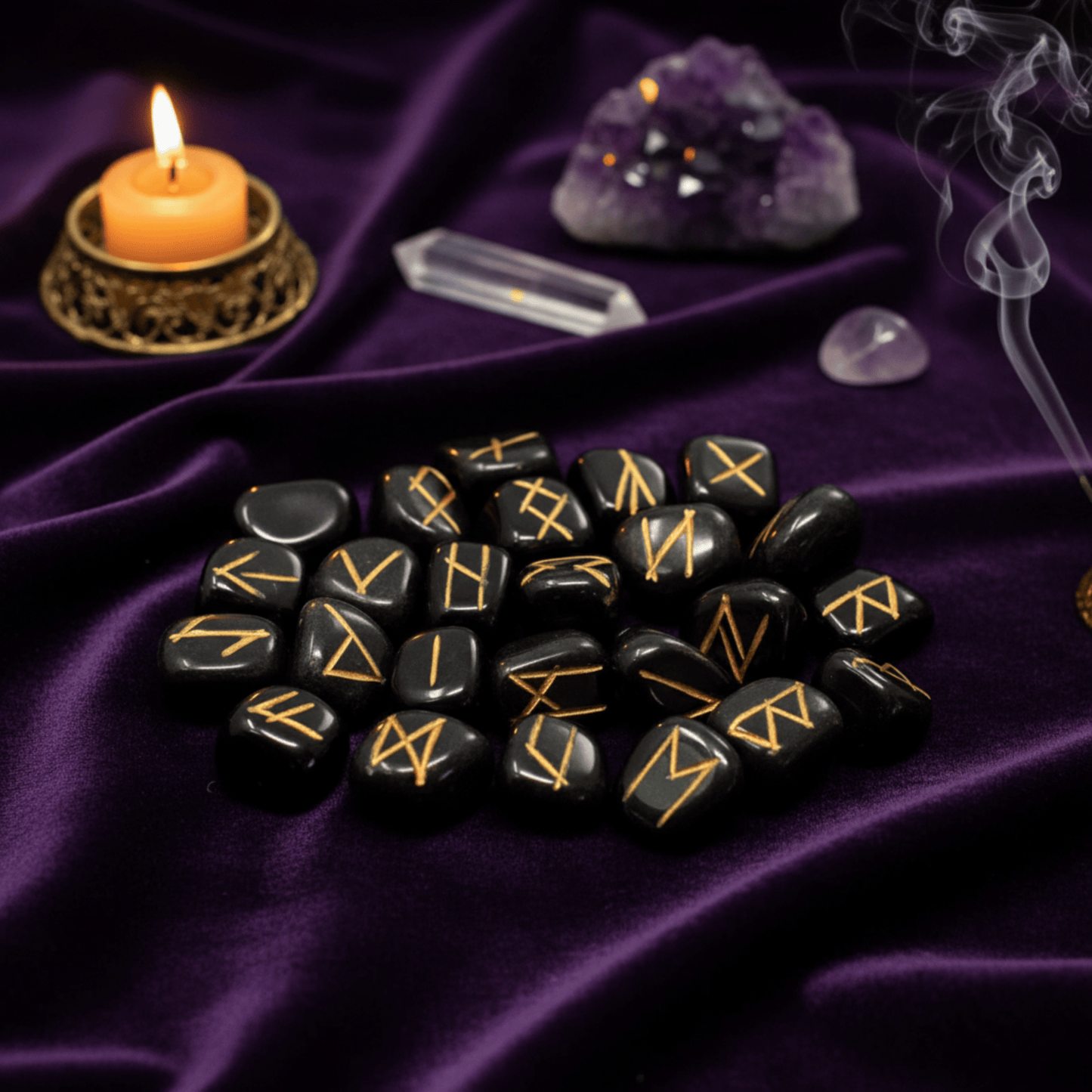 Runes en agate noire naturelle disposées sur tissu violet, outil de divination et protection énergétique.