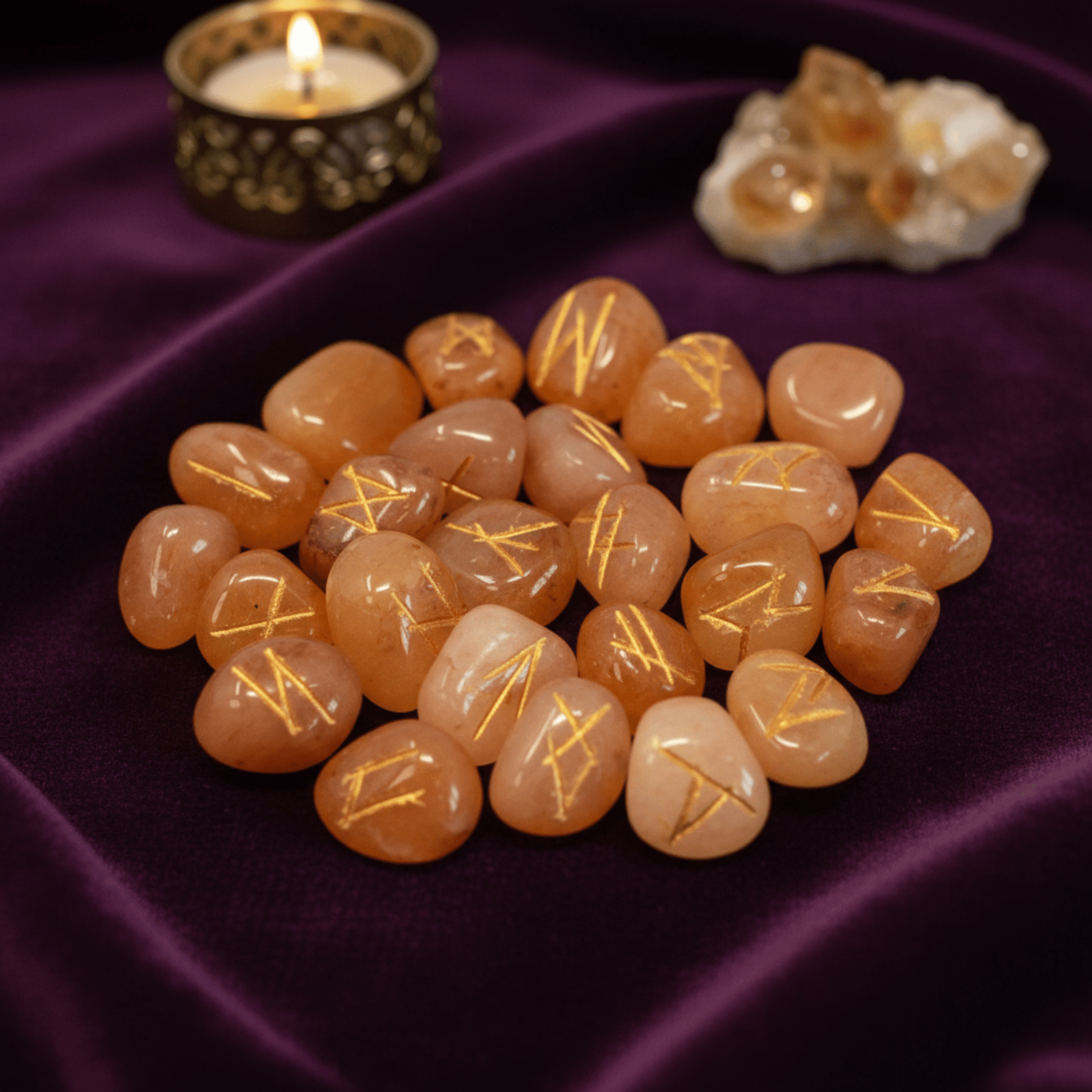 Ensemble de runes en Aventurine Jaune gravées pour tirages divinatoires et magie nordique.
