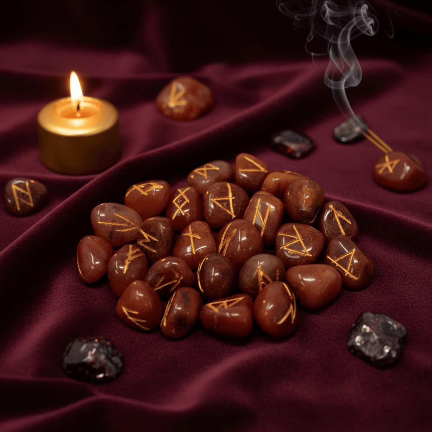 Set de pierres runiques en aventurine rouge entouré de bougie et encens, outil de divination mystique.