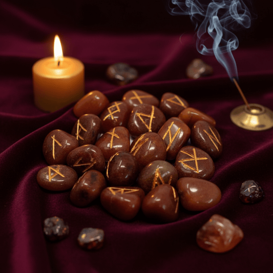Pierres runiques en aventurine rouge avec gravures dorées pour divination nordique, posées sur tissu bordeaux.
