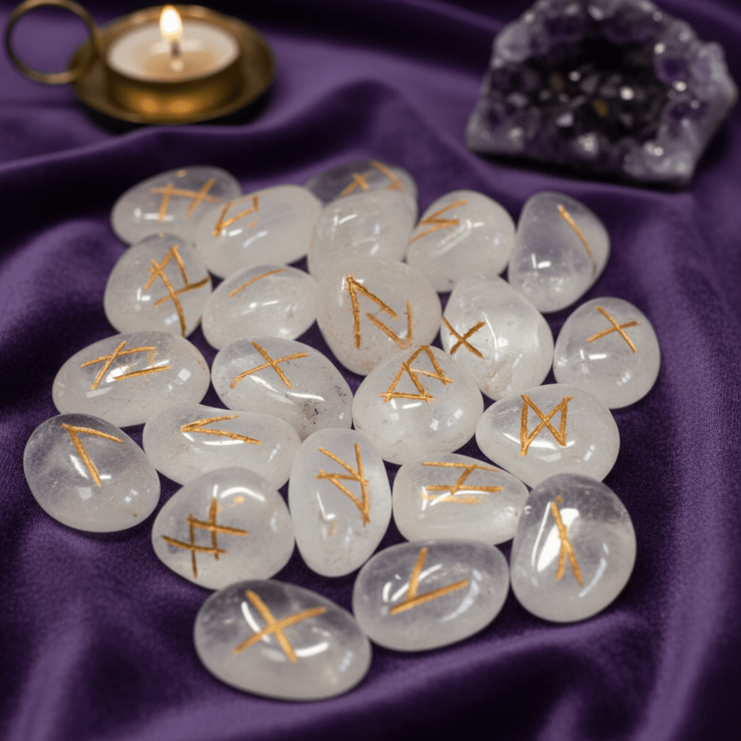 Pierres runiques en cristal de roche sur tissu violet, symboles dorés, set de divination nordique