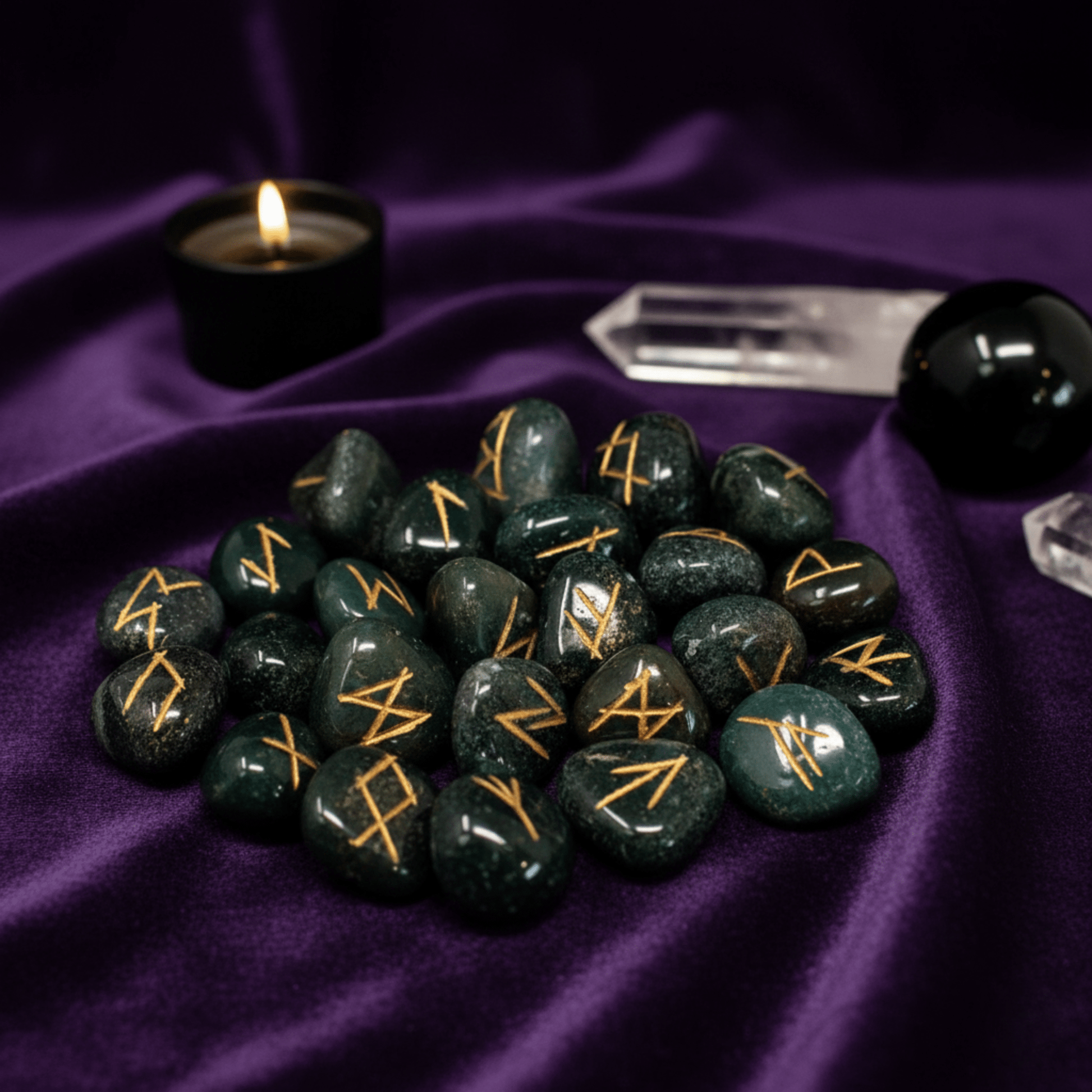 Runes en héliotrope pour tirage divinatoire, pierres vertes gravées or sur tissu violet rituel.