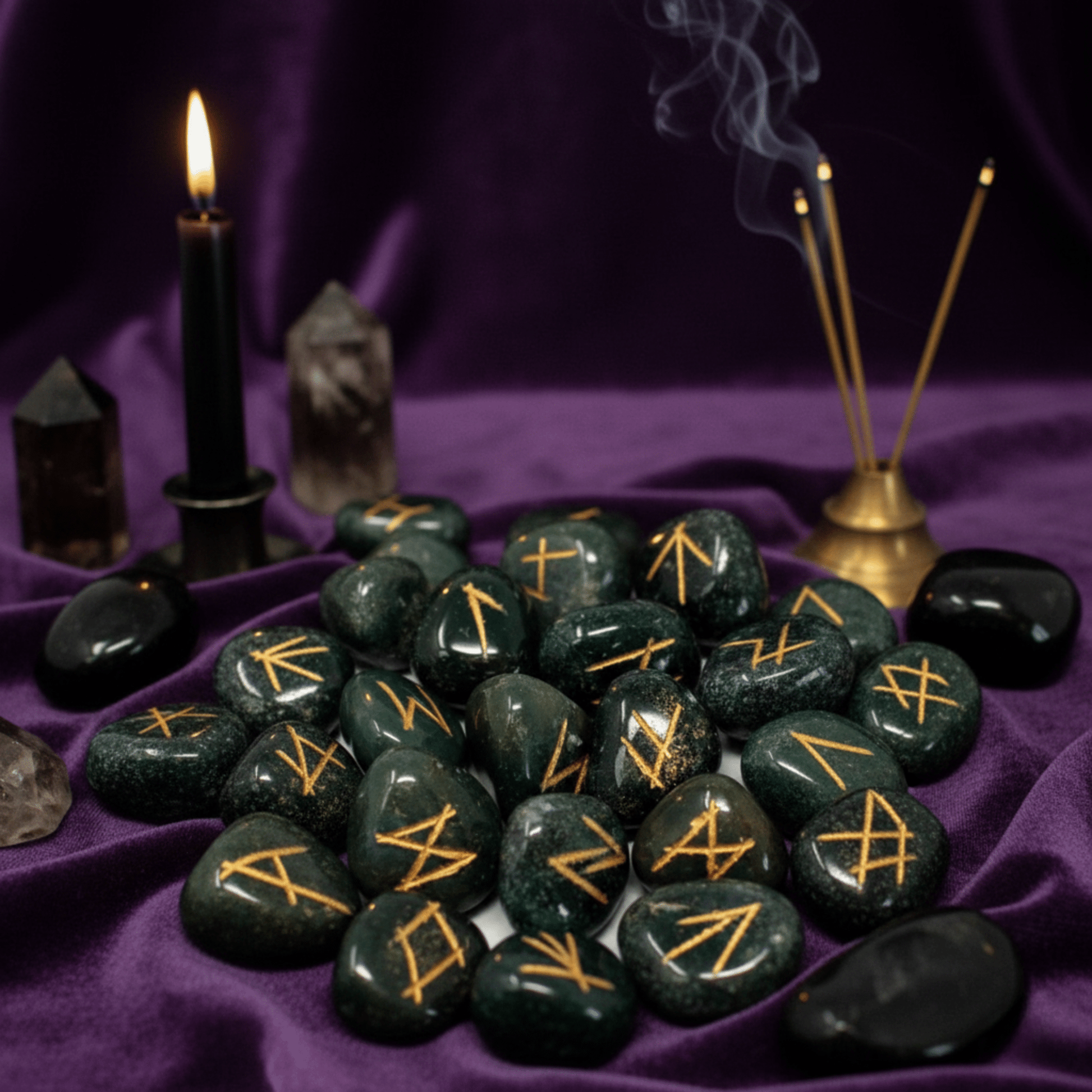 Pierres runiques en héliotrope pour divination nordique, gravures dorées, ambiance magique avec encens.