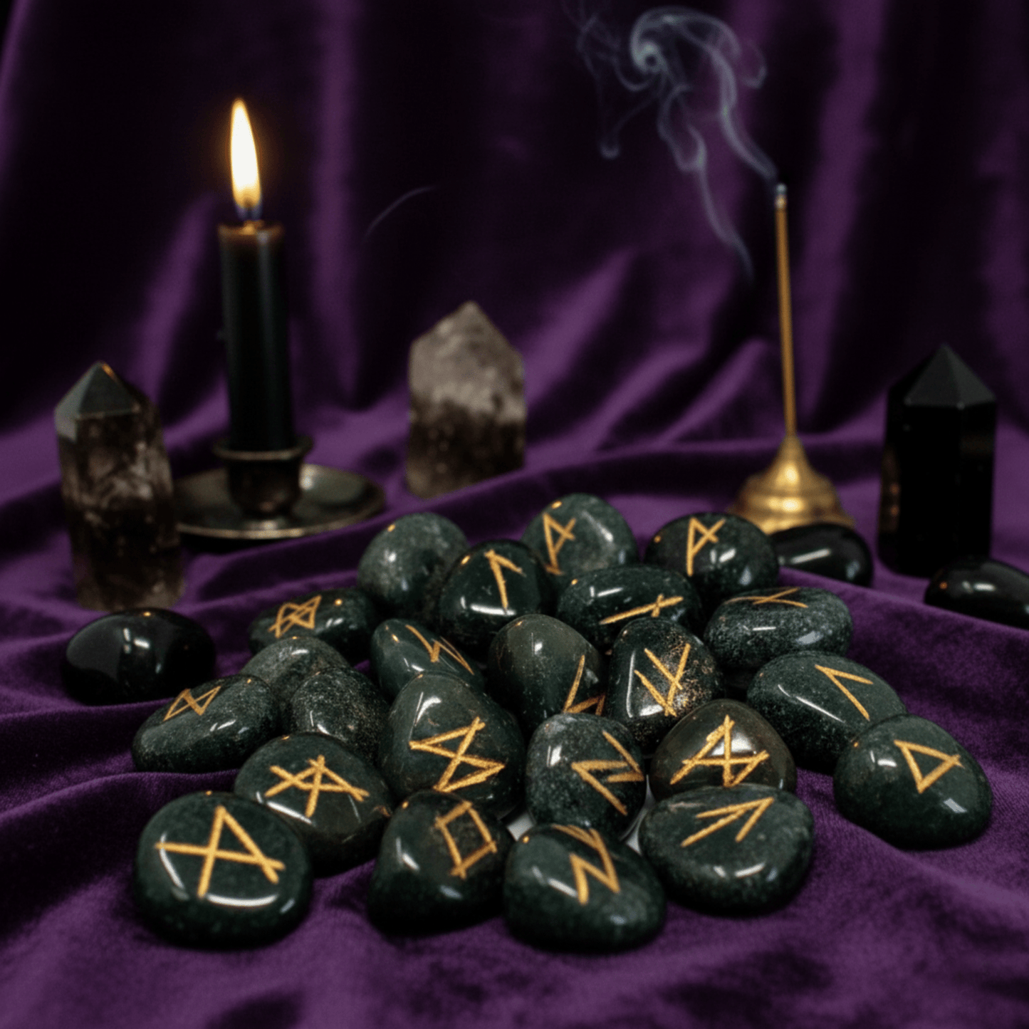 Runes en héliotrope naturelles pour divination, pierres vert foncé gravées or, rituel ésotérique et protection.