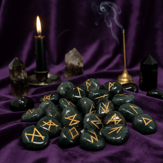 Runes en héliotrope naturelles pour divination, pierres vert foncé gravées or, rituel ésotérique et protection.
