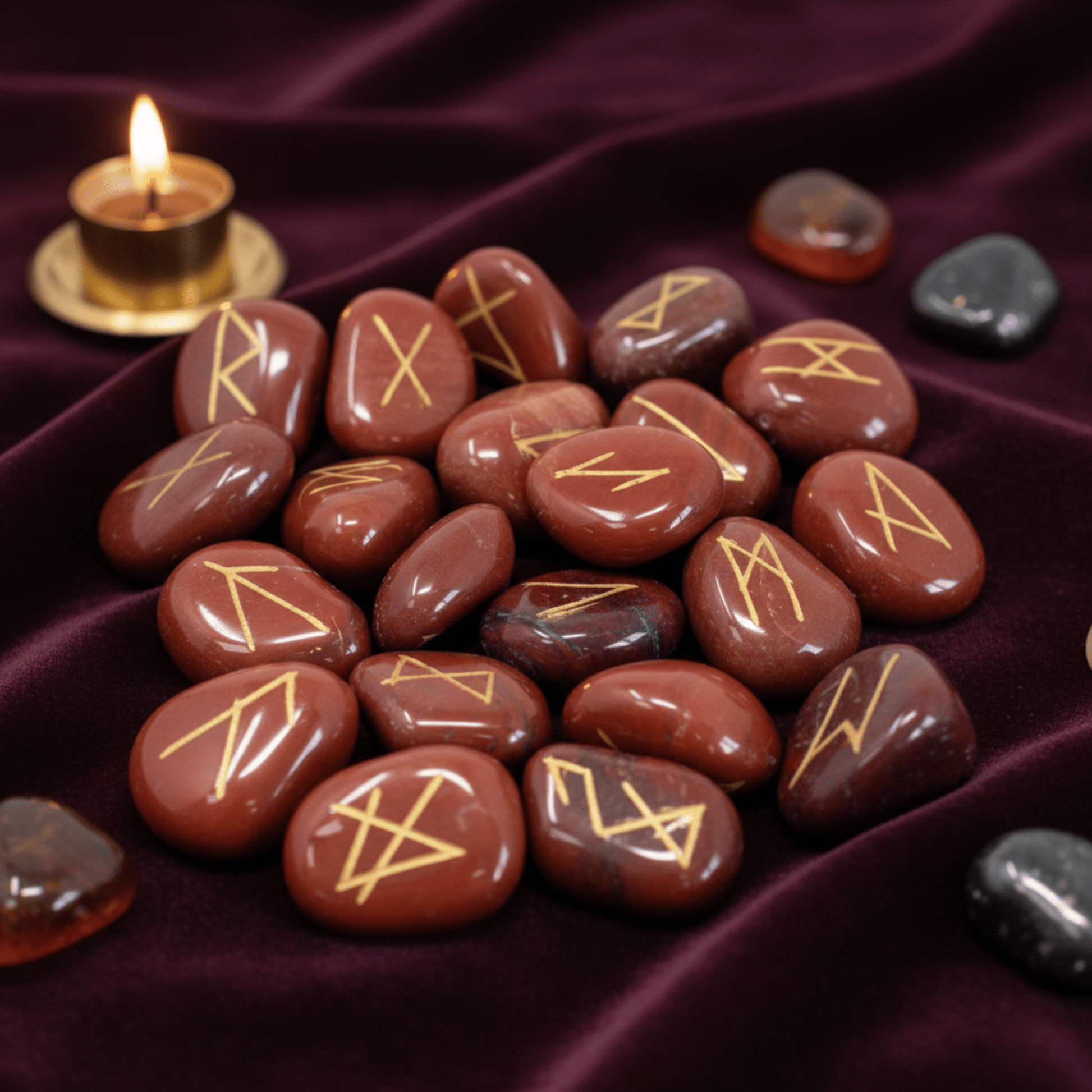 Runes jaspe rouge naturelles pour divination, ancrage et magie nordique sur tissu violet.