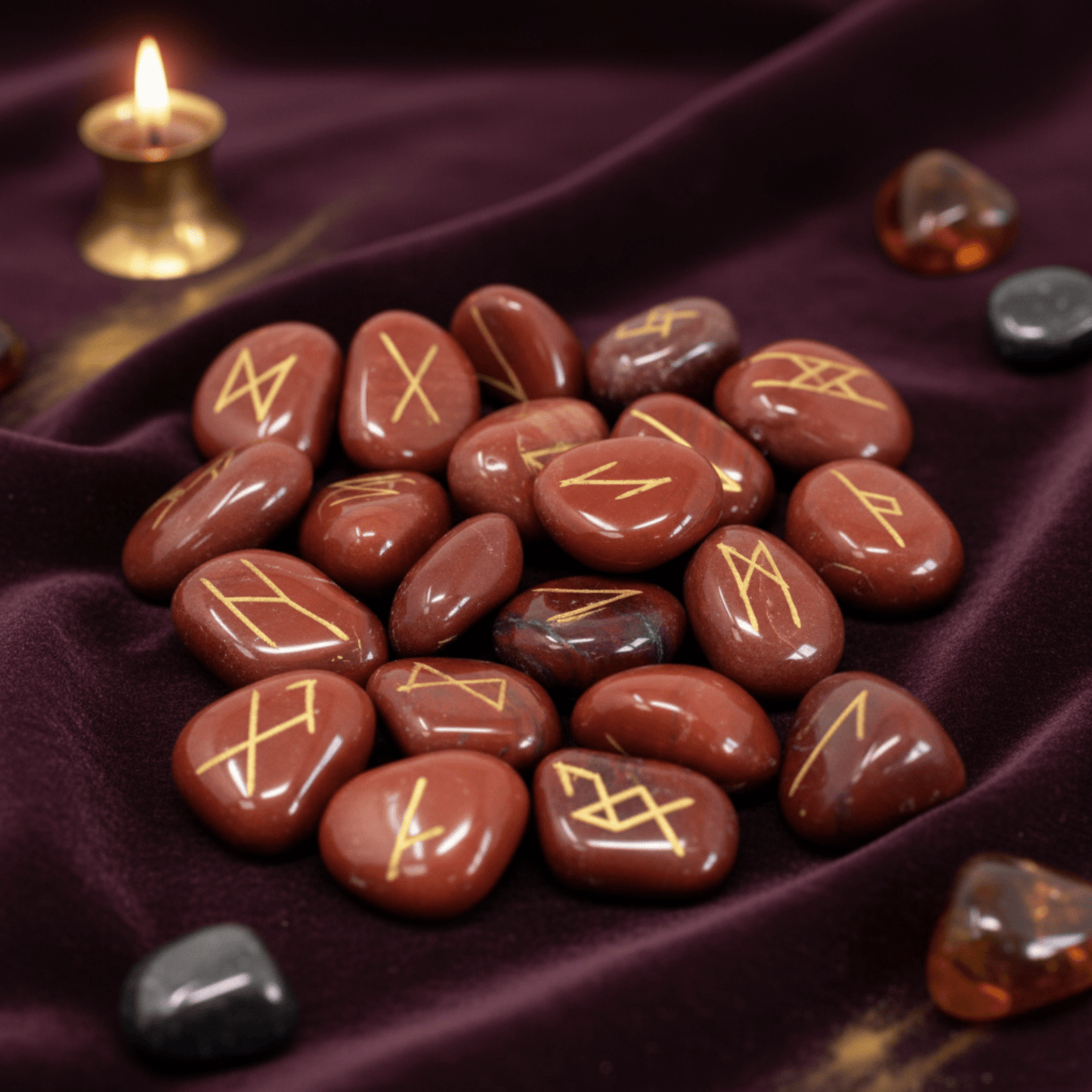 Pierres runiques jaspe rouge gravées or, set divination chakra racine pour protection et guidance.