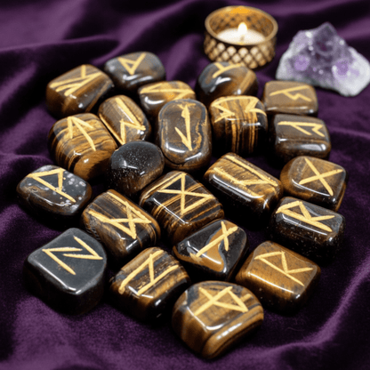 Pierres runiques polies en Œil de Tigre utilisées pour protection, guidance et tirage spirituel.