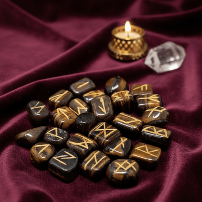 Jeu de runes en Œil de Tigre gravées pour rituels de clairvoyance et magie nordique.