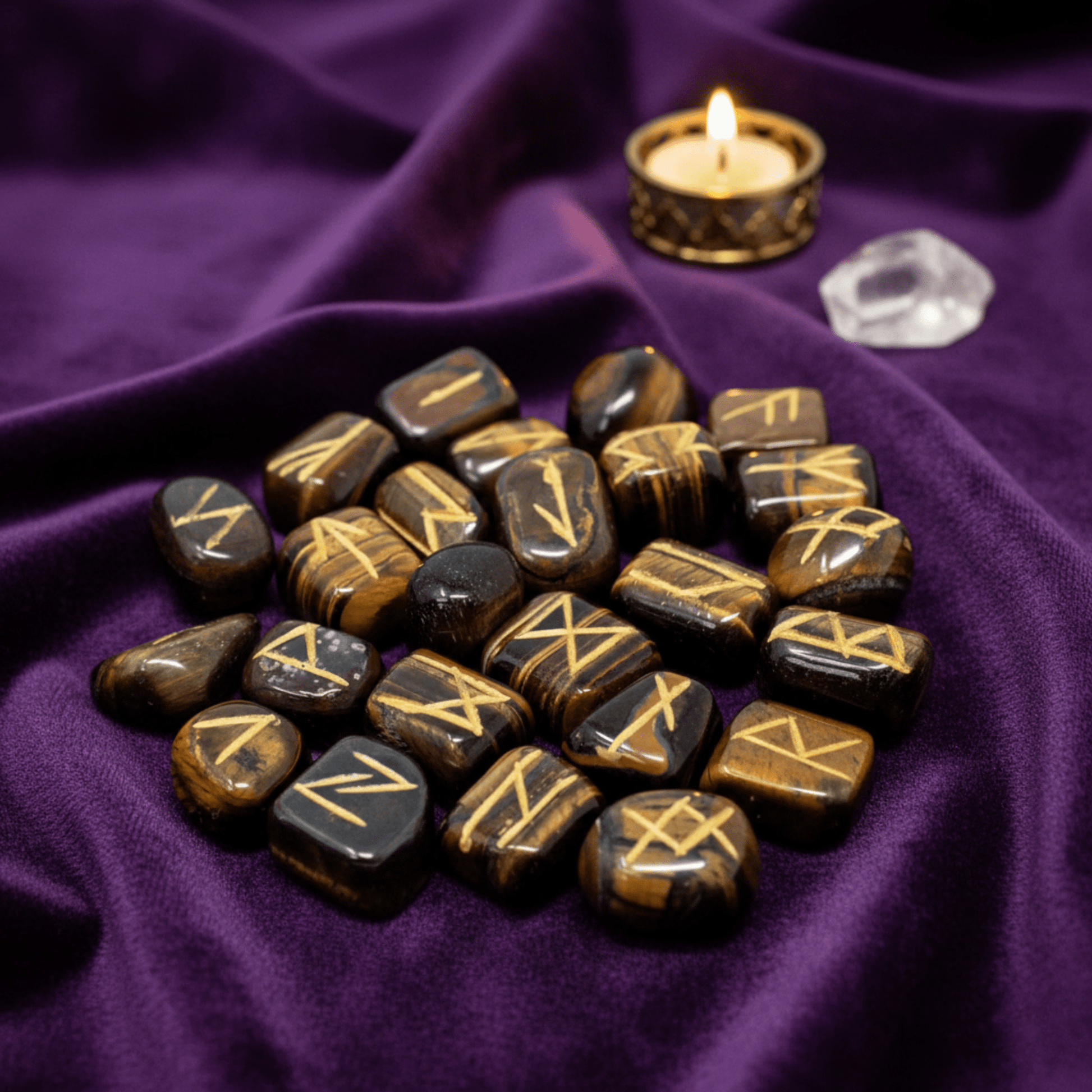 Runes divinatoires en pierre Œil de Tigre sur autel ésotérique avec bougie allumée.