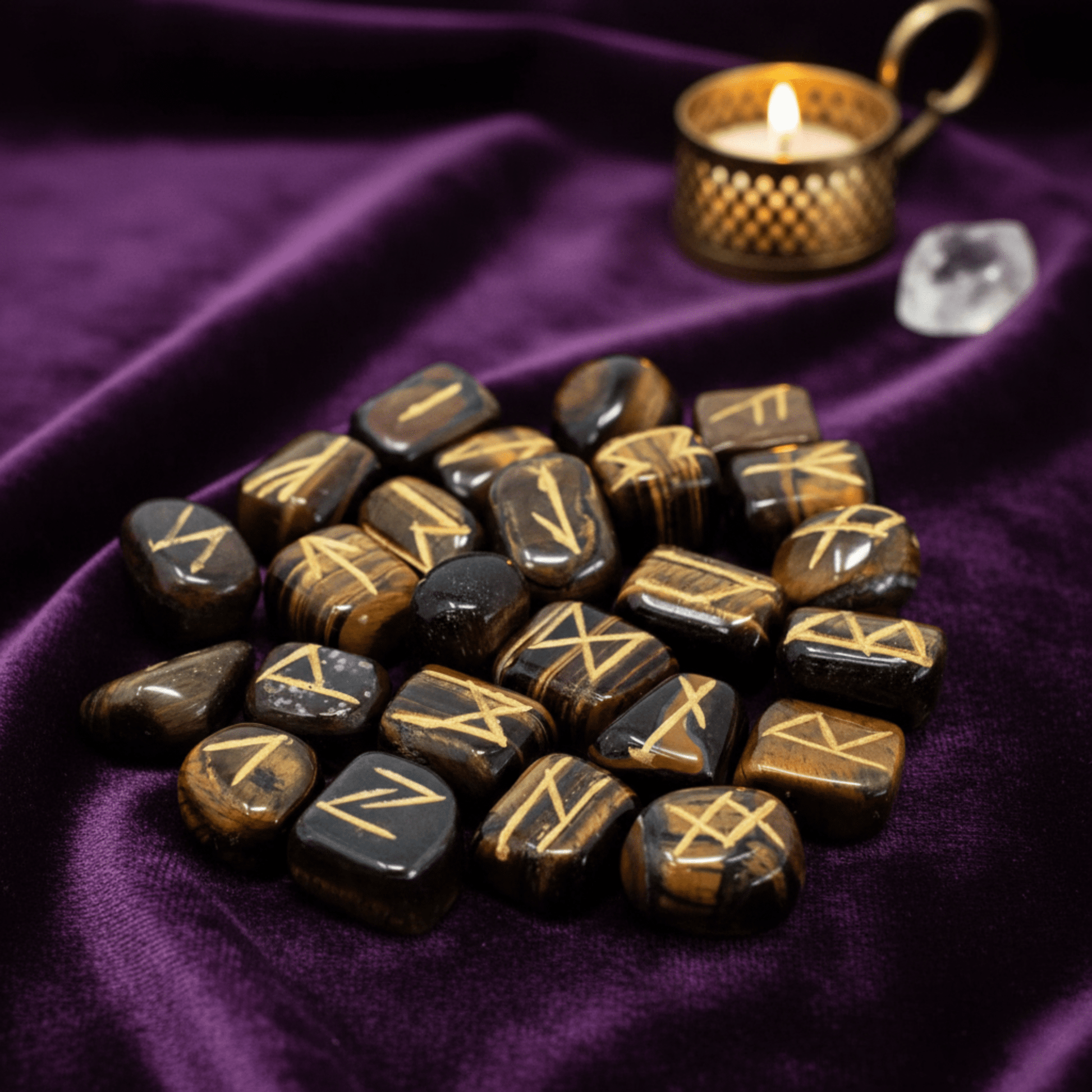 Pierres runiques en Œil de Tigre pour divination et protection énergétique sur tissu violet.