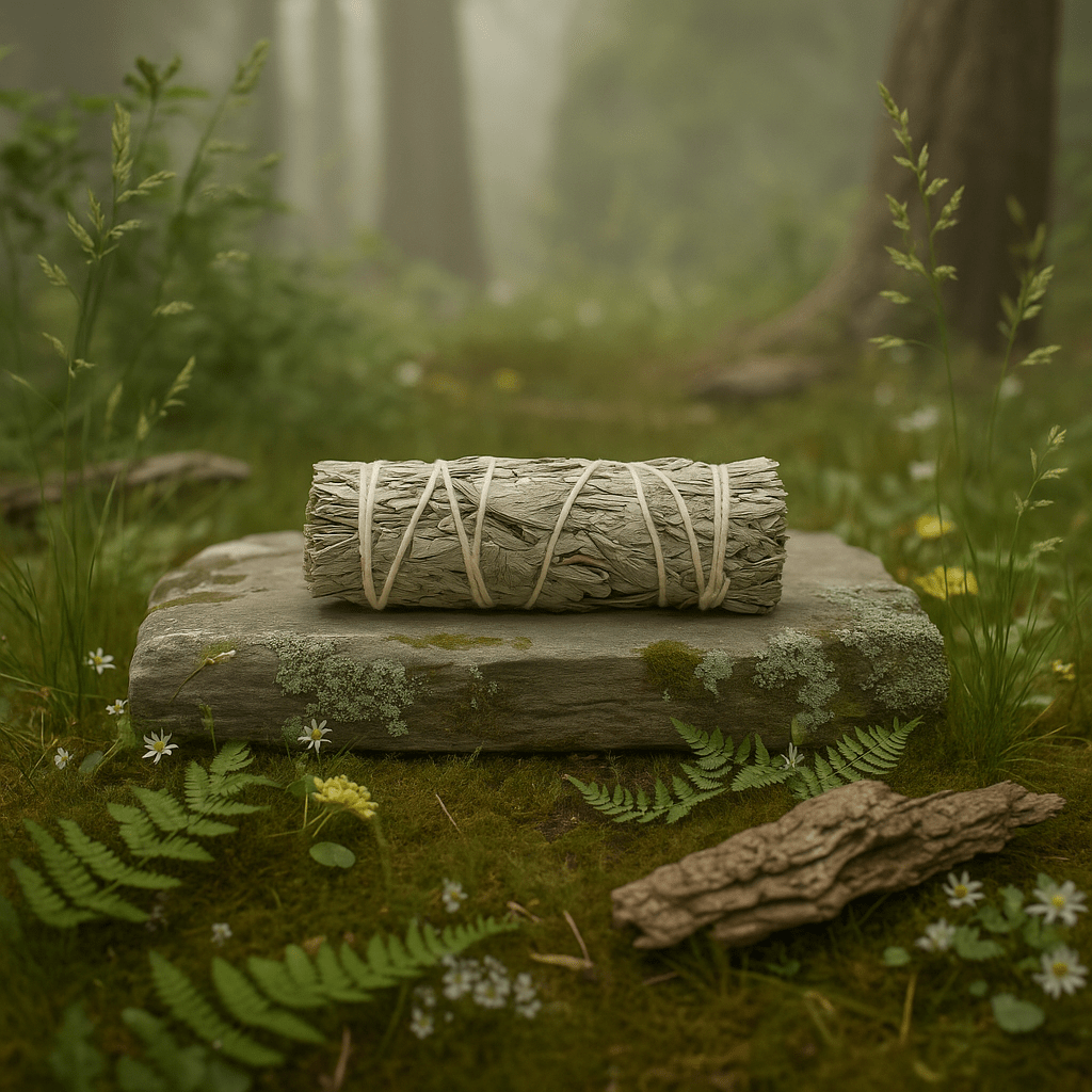 Bâton de sauge bleue naturelle posé sur pierre dans une forêt, fumigation purifiante et rituel énergétique.