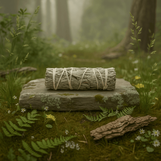 Bâton de sauge bleue naturelle posé sur pierre dans une forêt, fumigation purifiante et rituel énergétique.