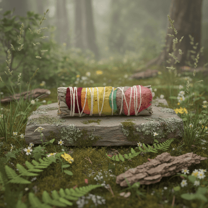 Bâton de fumigation sauge blanche et pétales chakra posé sur pierre en forêt – purification énergétique naturelle.