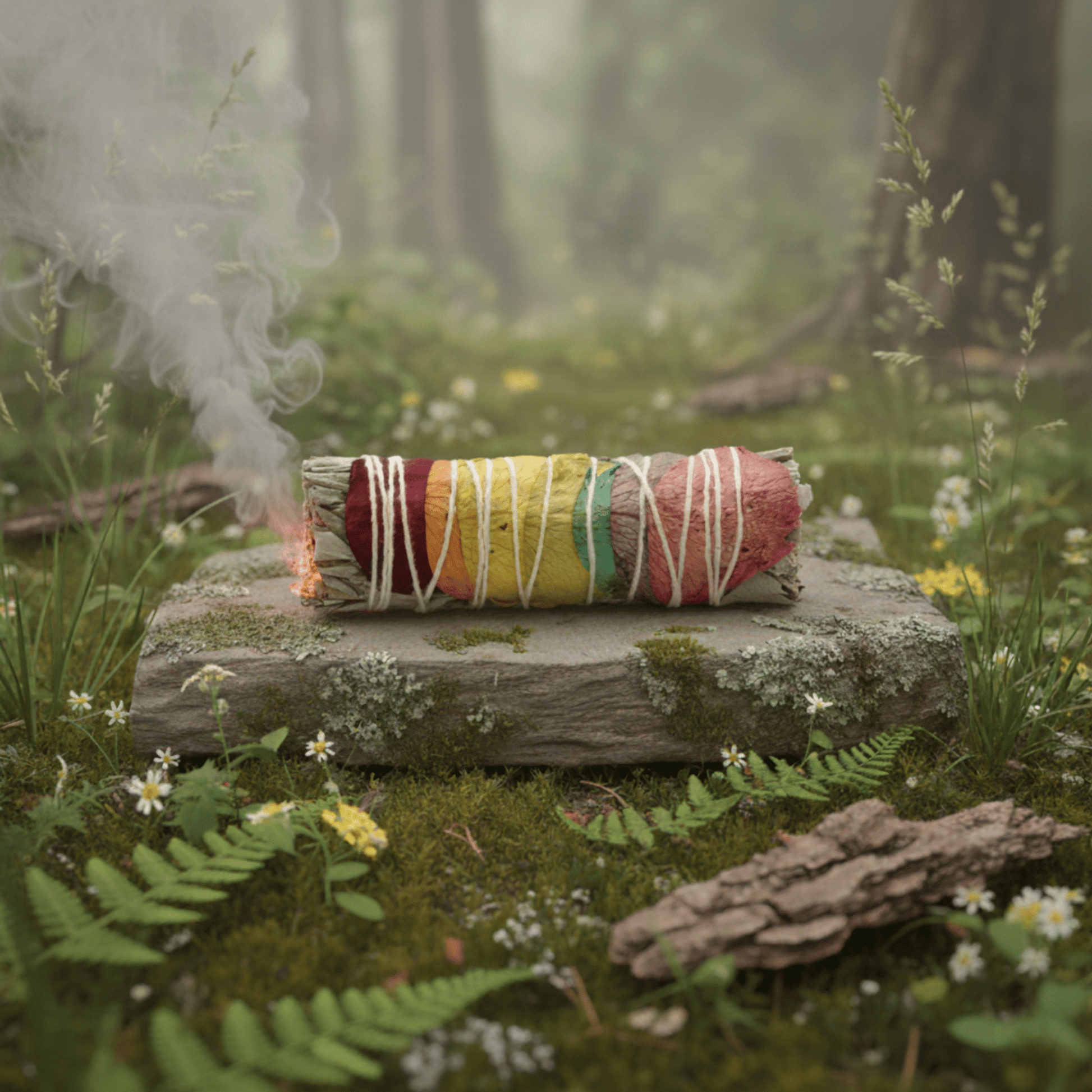 Bâton sauge blanche chakra fumant avec pétales multicolores – rituel purification et alignement énergétique.