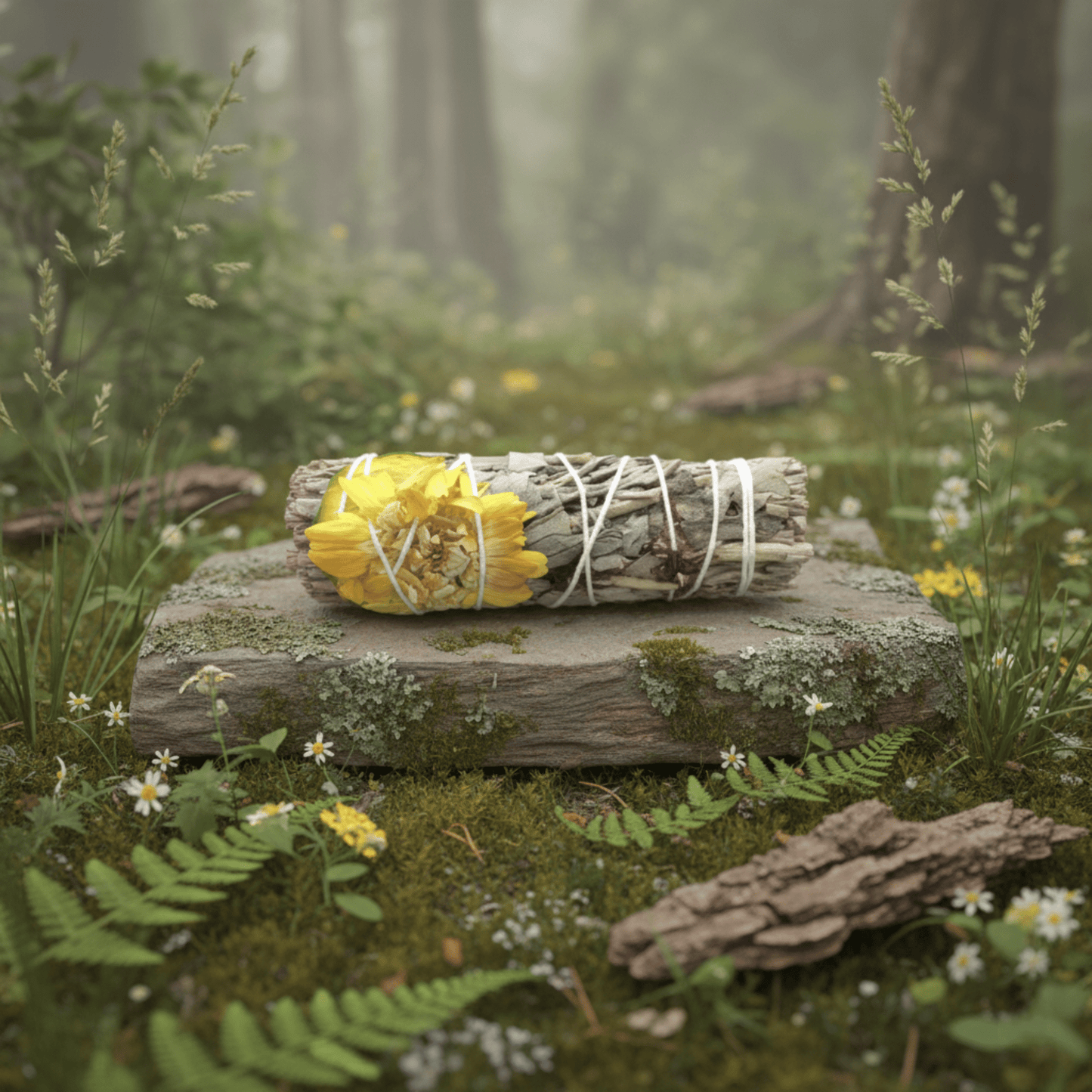 Bâton de fumigation Sauge & Dahlia jaune sur pierre en forêt, purification naturelle et rituel énergétique.