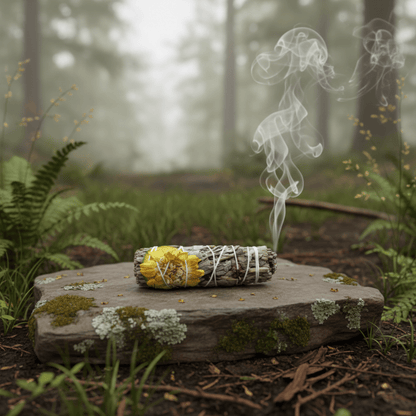 Sauge & Dahlia en fumigation, fumée sacrée pour purification, apaisement et nettoyage énergétique en forêt.