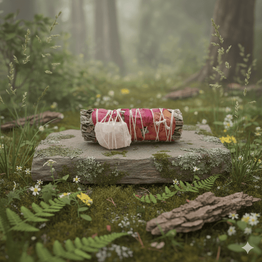 Bâton de fumigation Esprit d’Amour avec sauge blanche, pétales de rose et quartz rose posé sur pierre en forêt