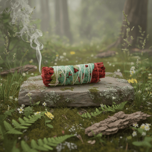 Bâton de sauge florale au sang de dragon pour purification et protection énergétique, posé sur une pierre en forêt.
