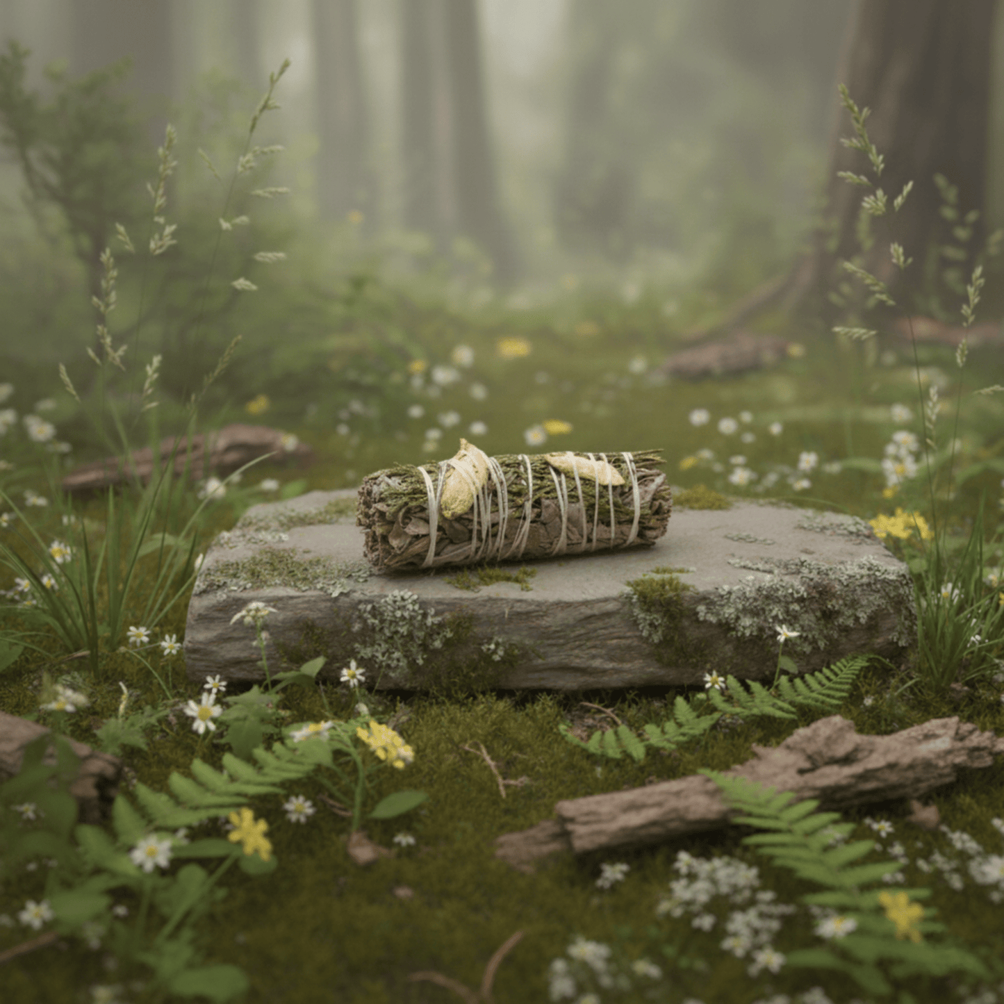 Bâton de fumigation sauge blanche gingembre cèdre posé sur pierre naturelle dans forêt, purification énergétique.