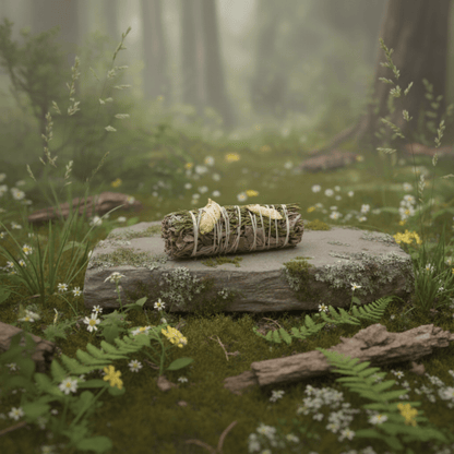 Bâton de fumigation sauge blanche gingembre cèdre posé sur pierre naturelle dans forêt, purification énergétique.