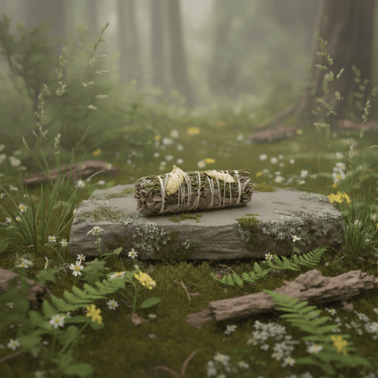 Bâton de fumigation sauge blanche gingembre cèdre posé sur pierre naturelle dans forêt, purification énergétique.