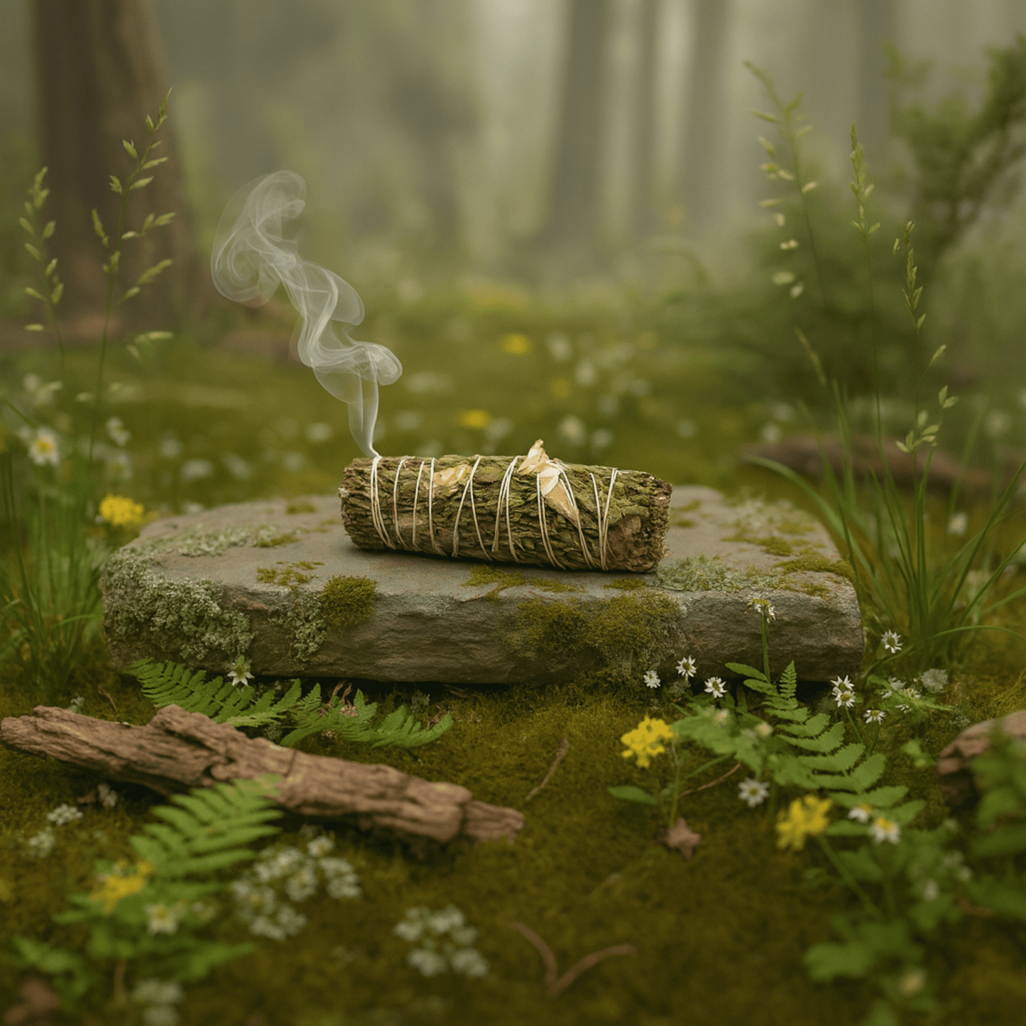 Bâton de fumigation sauge gingembre cèdre fumant sur pierre en forêt, rituel purification et énergie.