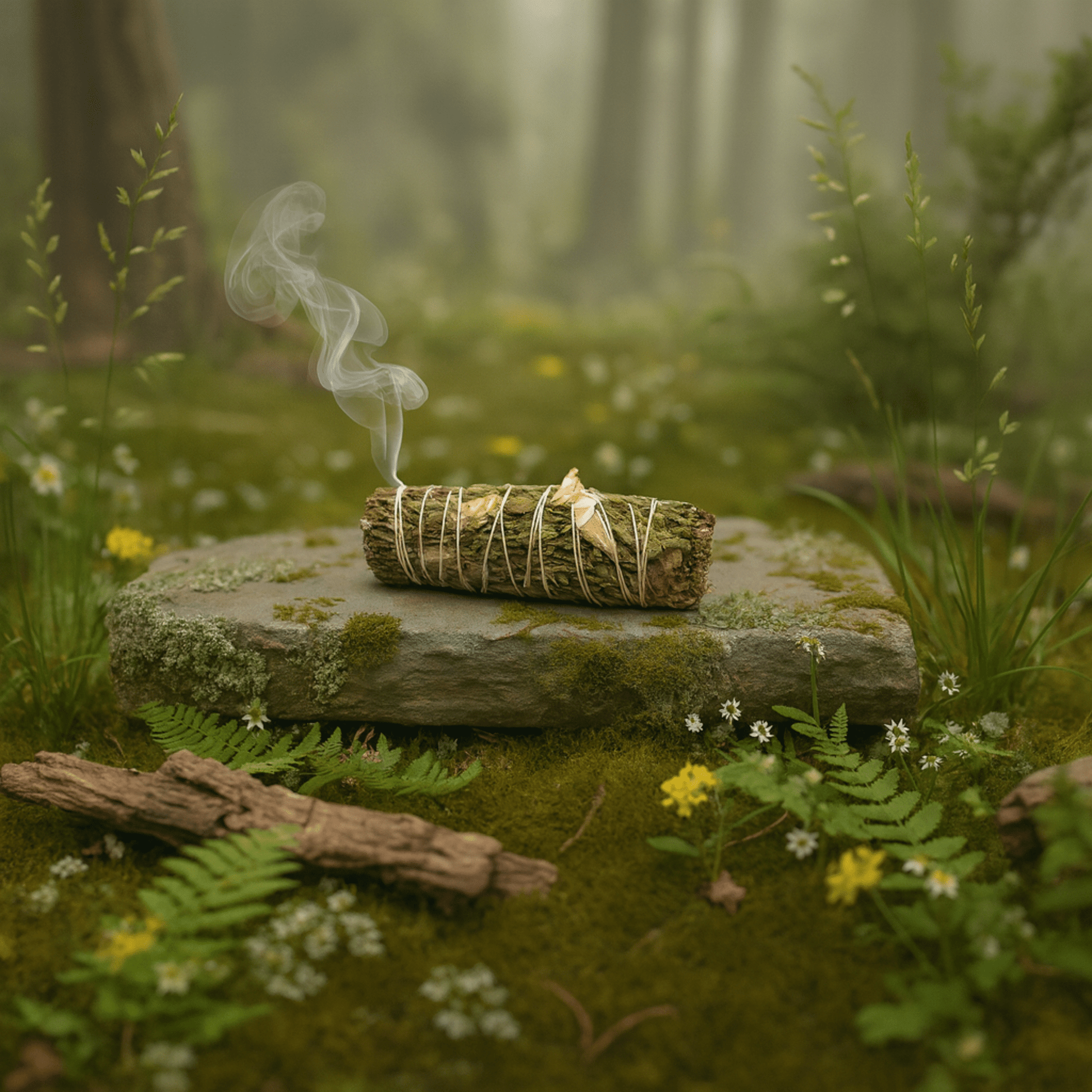 Bâton de fumigation sauge gingembre cèdre fumant sur pierre en forêt, rituel purification et énergie.