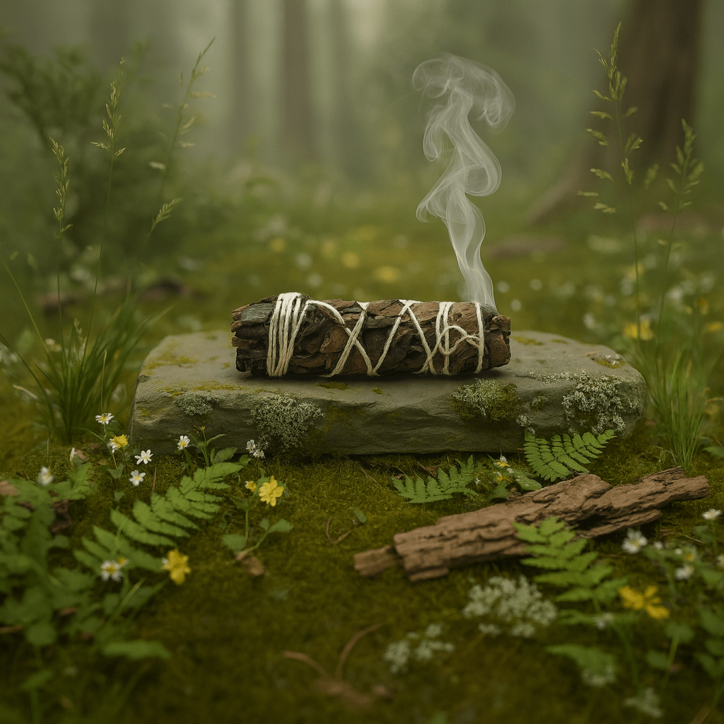 Bâton de sauge noire fumant sur pierre en forêt, utilisé pour purification, ancrage spirituel et nettoyage énergétique.
