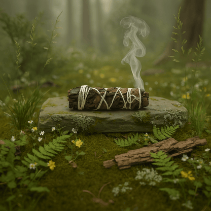Bâton de sauge noire fumant sur pierre en forêt, utilisé pour purification, ancrage spirituel et nettoyage énergétique.