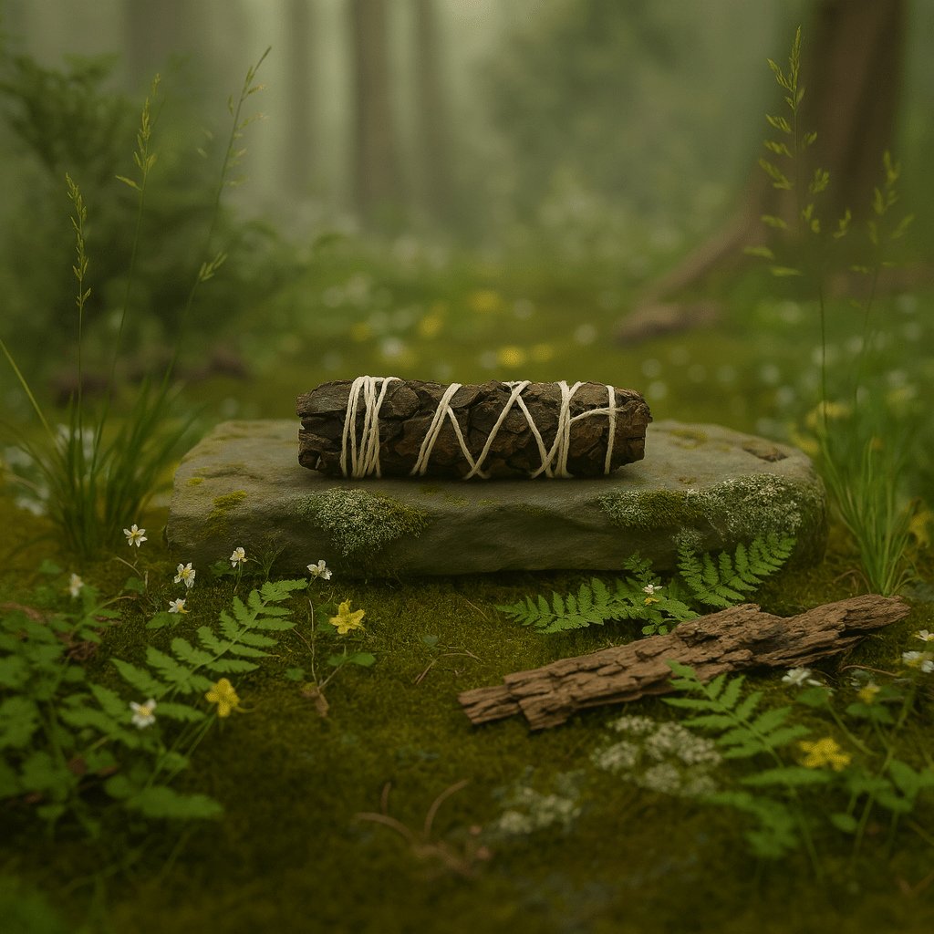 Bâton de fumigation en sauge noire naturelle posé sur pierre, rituel de purification et protection énergétique en forêt.