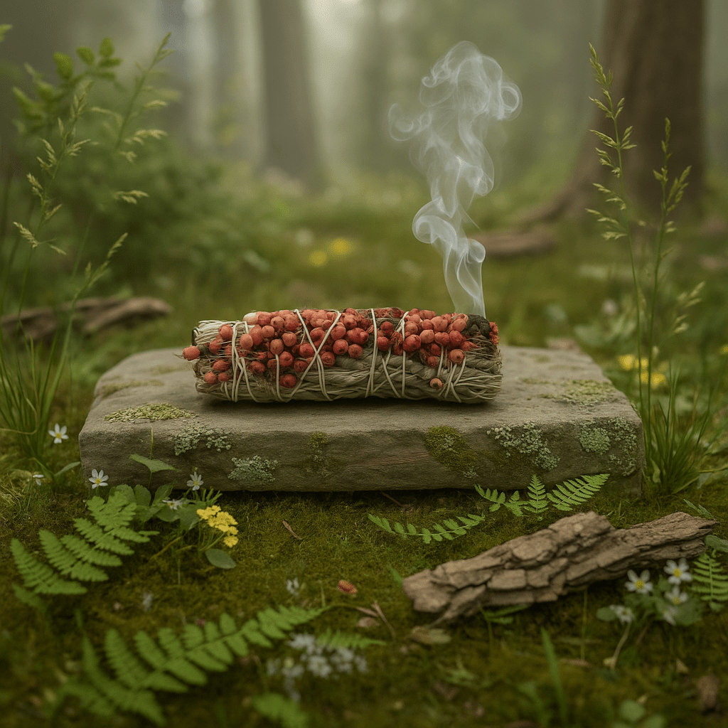 Bâton sauge blanche et pirul fumant en forêt, rituel de purification et protection énergétique selon tradition mexicaine.