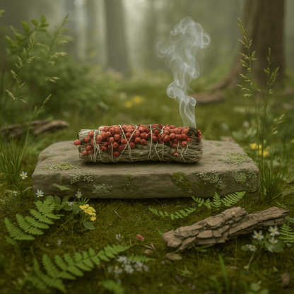 Bâton sauge blanche et pirul fumant en forêt, rituel de purification et protection énergétique selon tradition mexicaine.