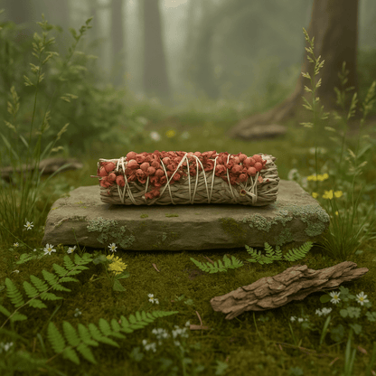 Bâton de fumigation sauge blanche et pirul naturel posé sur pierre en forêt pour purification énergétique.