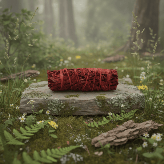 Bâton de fumigation Sauge au Sang de Dragon posé sur pierre, rituel purification et protection énergétique.