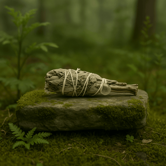 Torche de fumigation sauge blanche et améthyste posée sur pierre moussue en forêt, rituel purification énergétique.